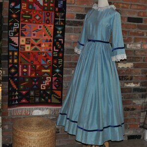 Vintage 60s Blue Raw Silk Handmade Grad Prom Maiden Costume Dress Gown XS W24"